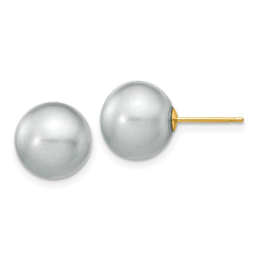 14k Yellow Gold 10-11mm Grey Round Freshwater Cultured Pearl Stud Post Earrings