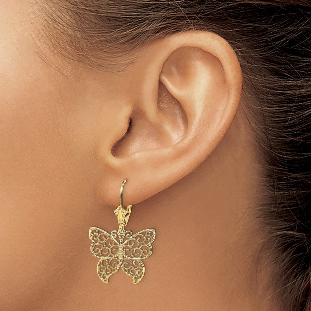14k Yellow Gold Butterfly w/ Beaded Filigree Wings Drop Dangle Earrings