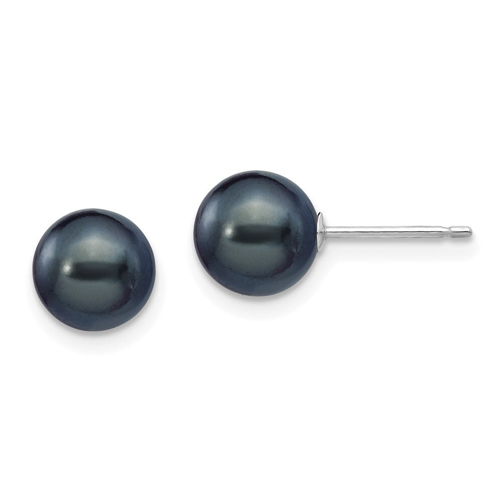 14k White Gold 7-8mm Black Round Freshwater Cultured Pearl Stud Earrings