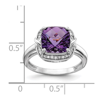 Sterling Silver Rhodium-plated Diamond & Checker-Cut Amethyst Ring Size 8