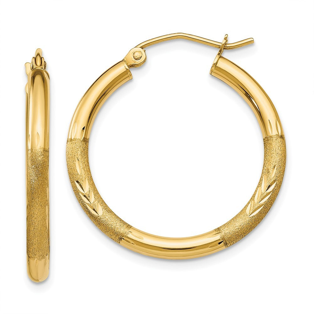 14k Yellow Gold Satin and Diamond-cut 2.5mm Round Hoop Earrings