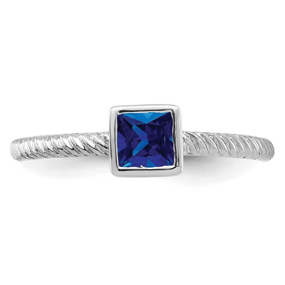 14k White Gold Square Bezel Sapphire Ring Size 7