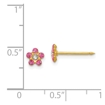 14k Yellow Gold Rose/Aurora Borealis Crystal Flower Stud Earrings