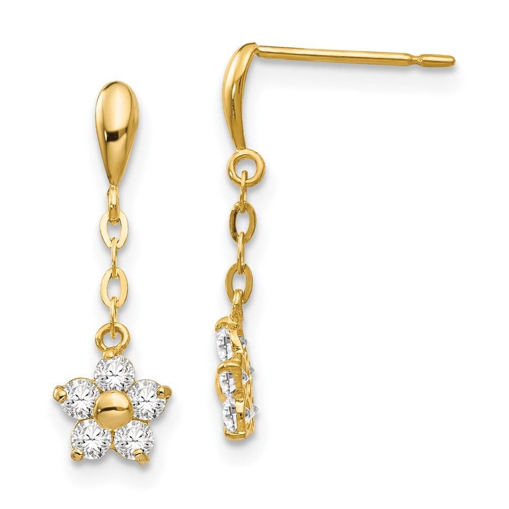 14k Yellow Gold Cubic Zirconia Children's Flower Dangle Earrings