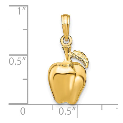 14k Yellow Gold 3-D Apple  Stem and Leaf Charm Pendant for Women