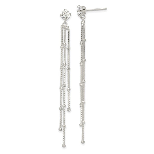 Sterling Silver Polished Cubic Zirconia & Beaded Chain Post Dangle Earrings