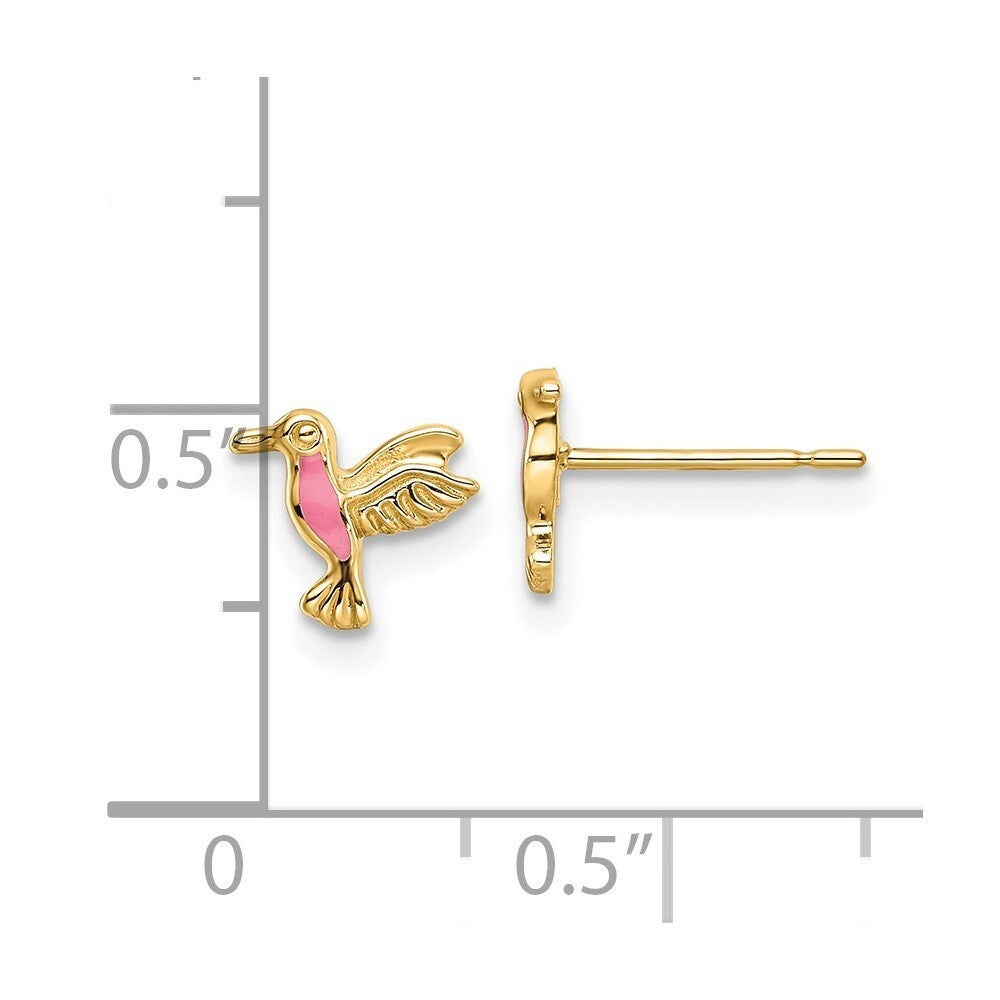 14k Yellow Gold Pink Enamel Hummingbird Stud Earrings Gift for Women