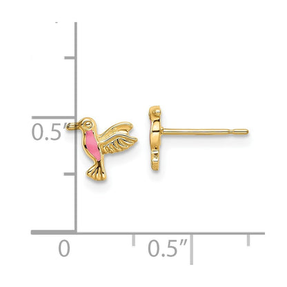 14k Yellow Gold Pink Enamel Hummingbird Stud Earrings Gift for Women