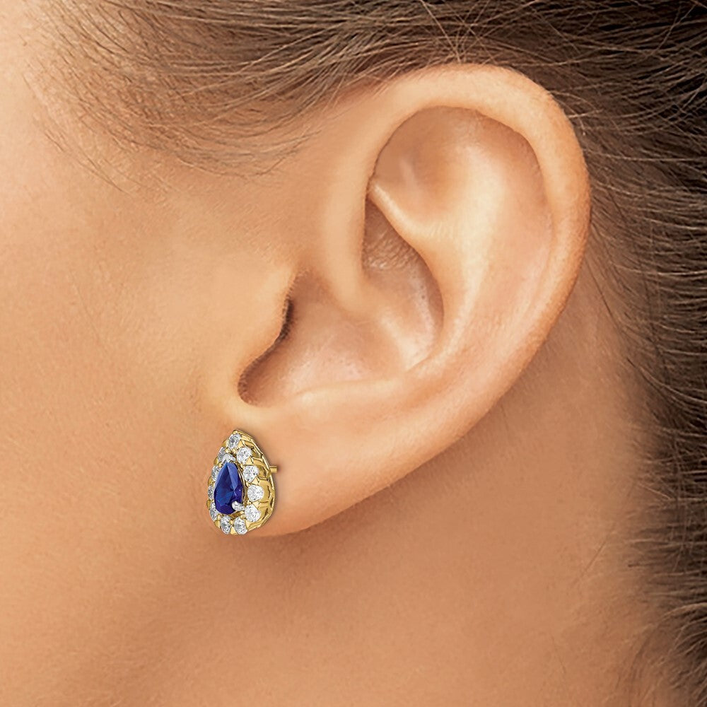 14k Yellow Gold Pear Sapphire and Diamond Halo Stud Earrings