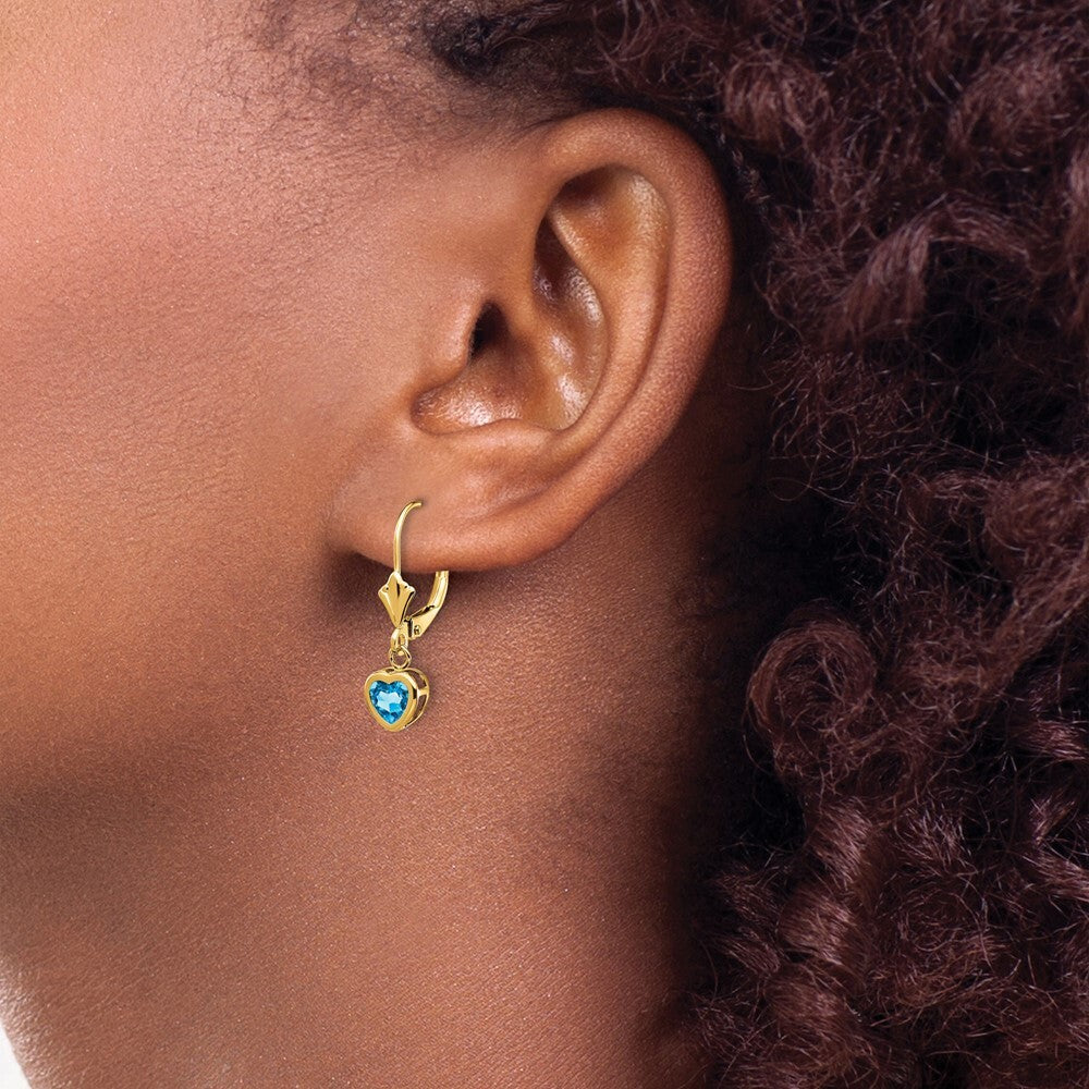 14k Yellow Gold 5mm Heart Blue Topaz Stud Earrings Gift for Women