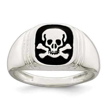 Sterling Silver Black Enameled Mens Skull and Crossbones Ring Size 11