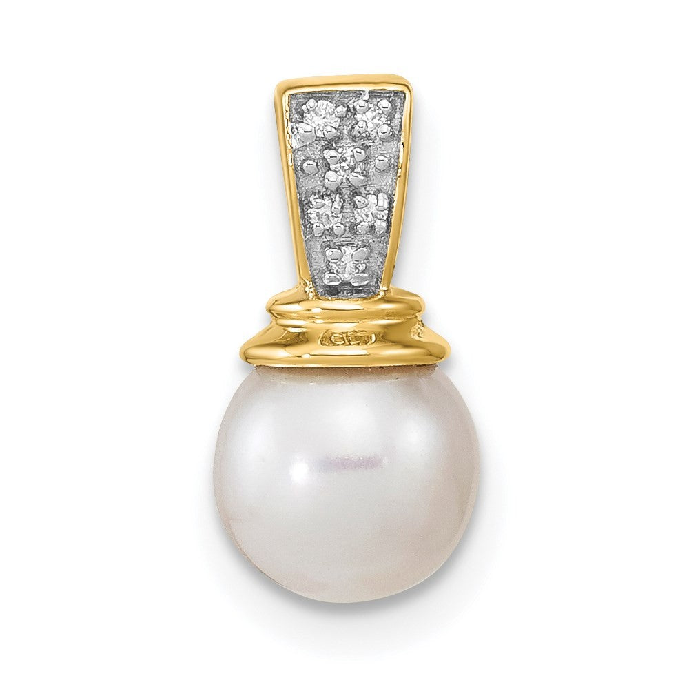 14k Yellow Gold 6-7mm Button White Freshwater Cultured Pearl and Diamond Pendant