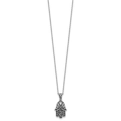 Sterling Silver Rhodium-plated Polished and Oxidized Filigree Hamsa 18" Necklace