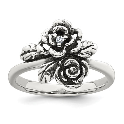 Sterling Silver Antiqued Polished Cubic Zirconia Flower Ring Size 7