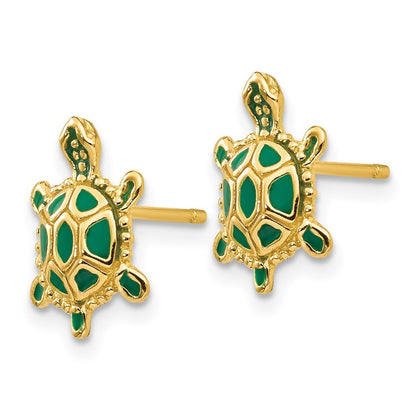 14k Yellow Gold Green Enameled Turtle Post Earrings