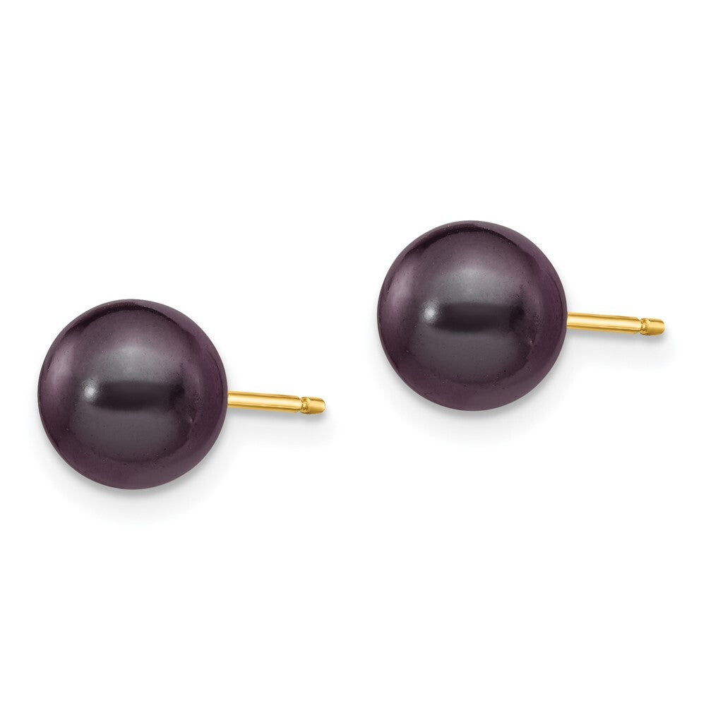 14k Yellow Gold 7-8mm Black Round Freshwater Cultured Pearl Stud Earrings