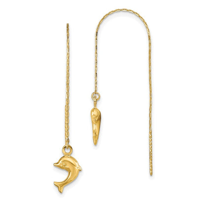 14k Yellow Gold Polished Dolphins Threader Earrings