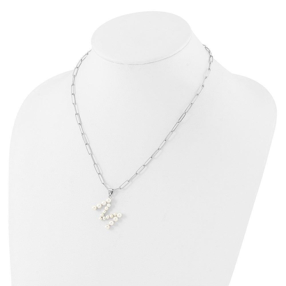 Sterling Silver 3-5.5mm White Button Cultured Pearl LETTER M Necklace 18"