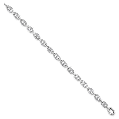 Sterling Silver Rhodium-plated Polished CZ Anchor/Mariner Link 7.25" Bracelet