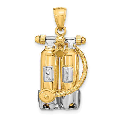14k Yellow Gold w Rhodium 3-D Double Scuba Tanks W Air Hose Charm