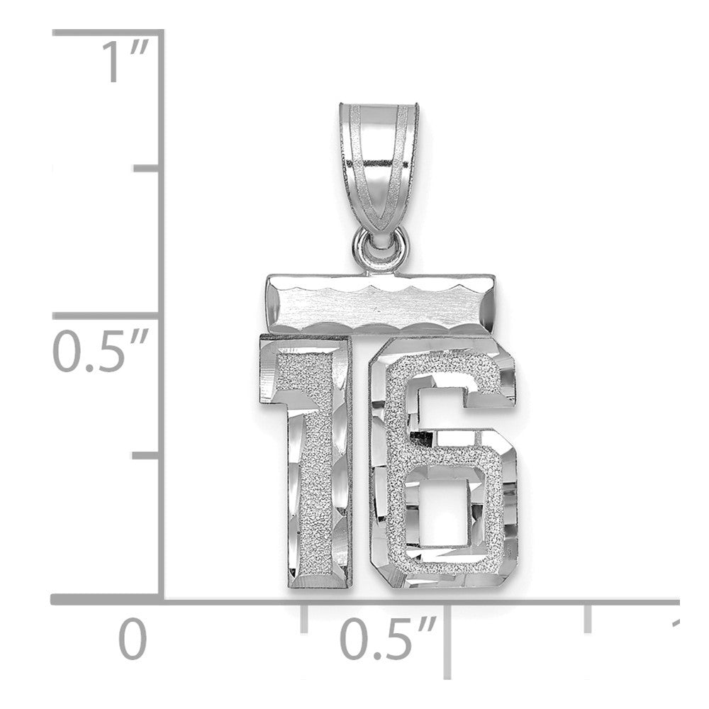14K White Small Brushed Diamond-cut Number 16 Charm