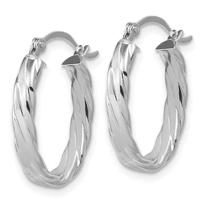 14K White Gold 3mm Patterned Oval Hoop Earrings Gift for Women