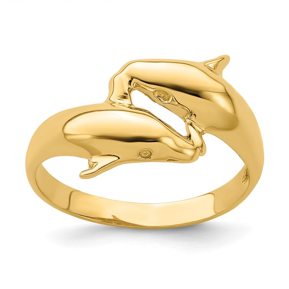 14K Yellow Gold Polished Double Dolphin Ring Size 7