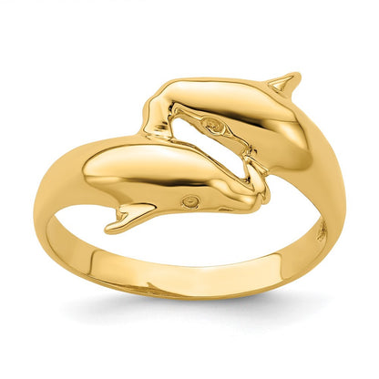 14K Yellow Gold Polished Double Dolphin Ring Size 7