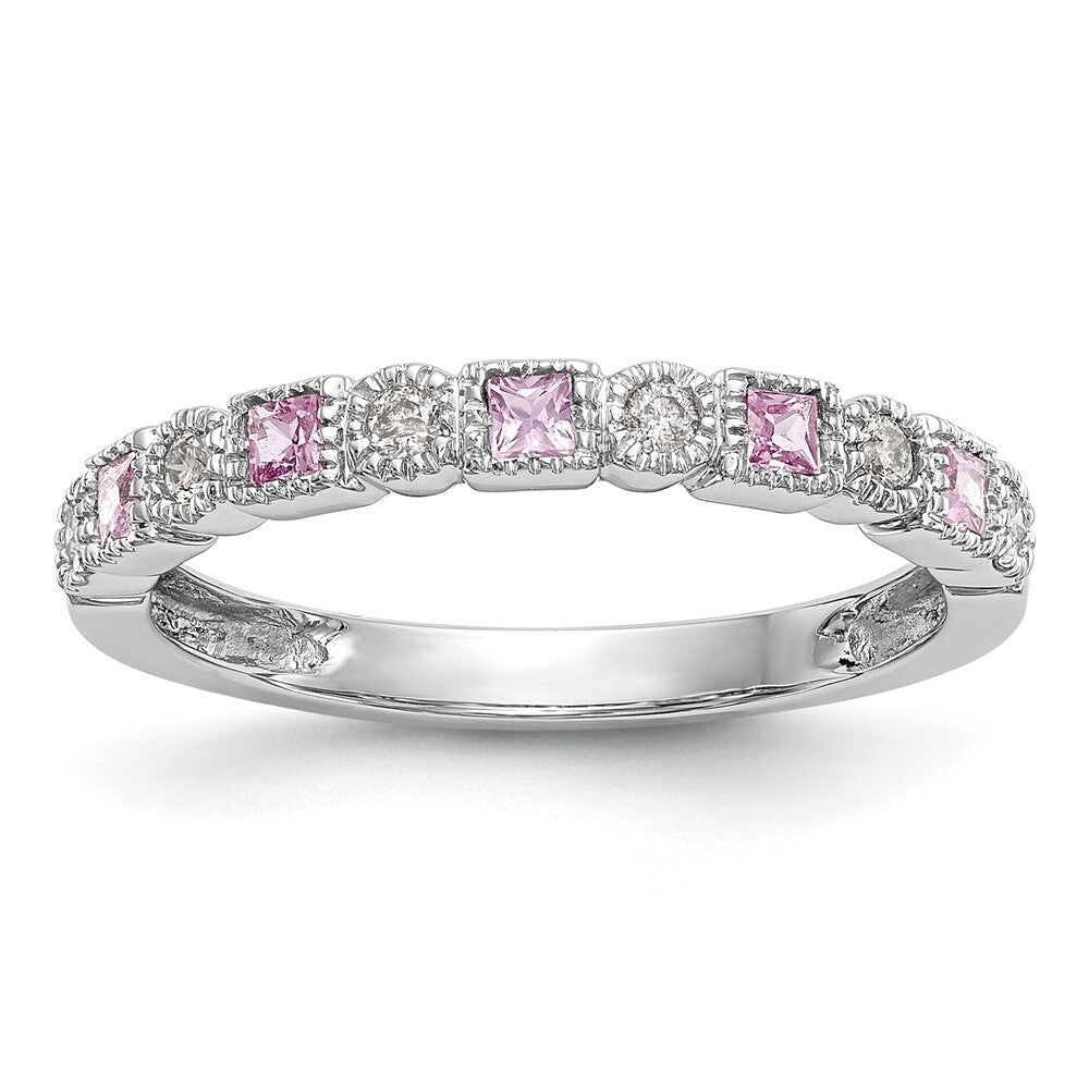 14k White Gold 1/10 carat Diamond and Pink Sapphire Complete Band Size 7