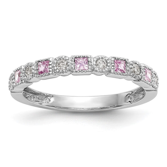 14k White Gold 1/10 carat Diamond and Pink Sapphire Complete Band Size 7