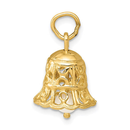 14k Yellow Gold 3D Wedding Bell w/ Fresh Water Cultured Pearl Charm Pendant