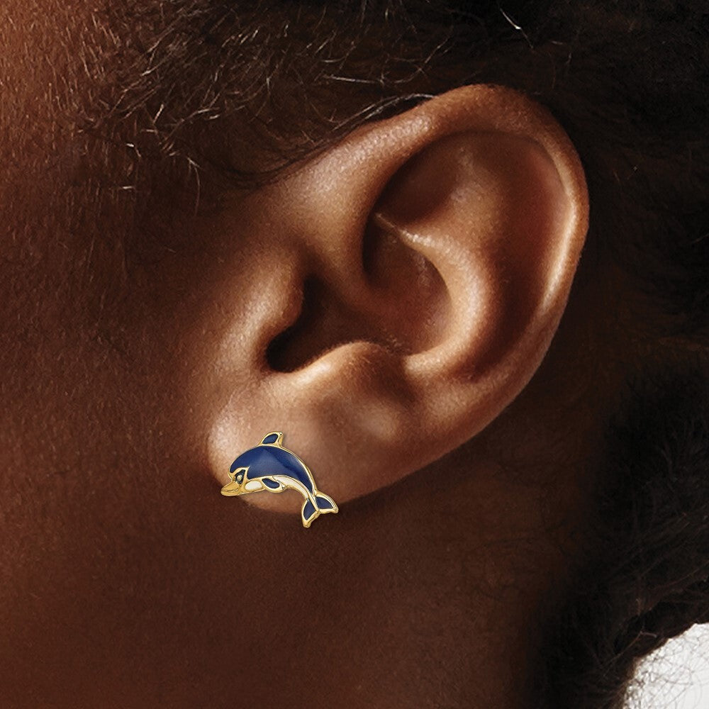 14k Yellow Gold Blue and White Enamel Dolphin Stud Earrings Gift for Women
