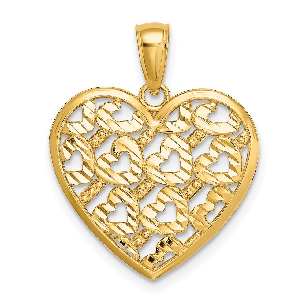 14k Yellow Gold Diamond-cut Heart Pattern On Heart Charm Pendant for Women