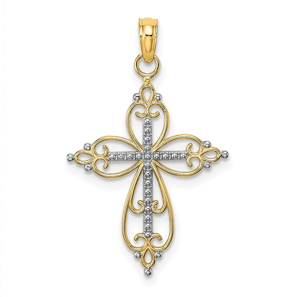 14k Yellow Gold  Rhodium Beaded Cross Charm Pendant for Women