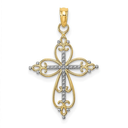 14k Yellow Gold  Rhodium Beaded Cross Charm Pendant for Women
