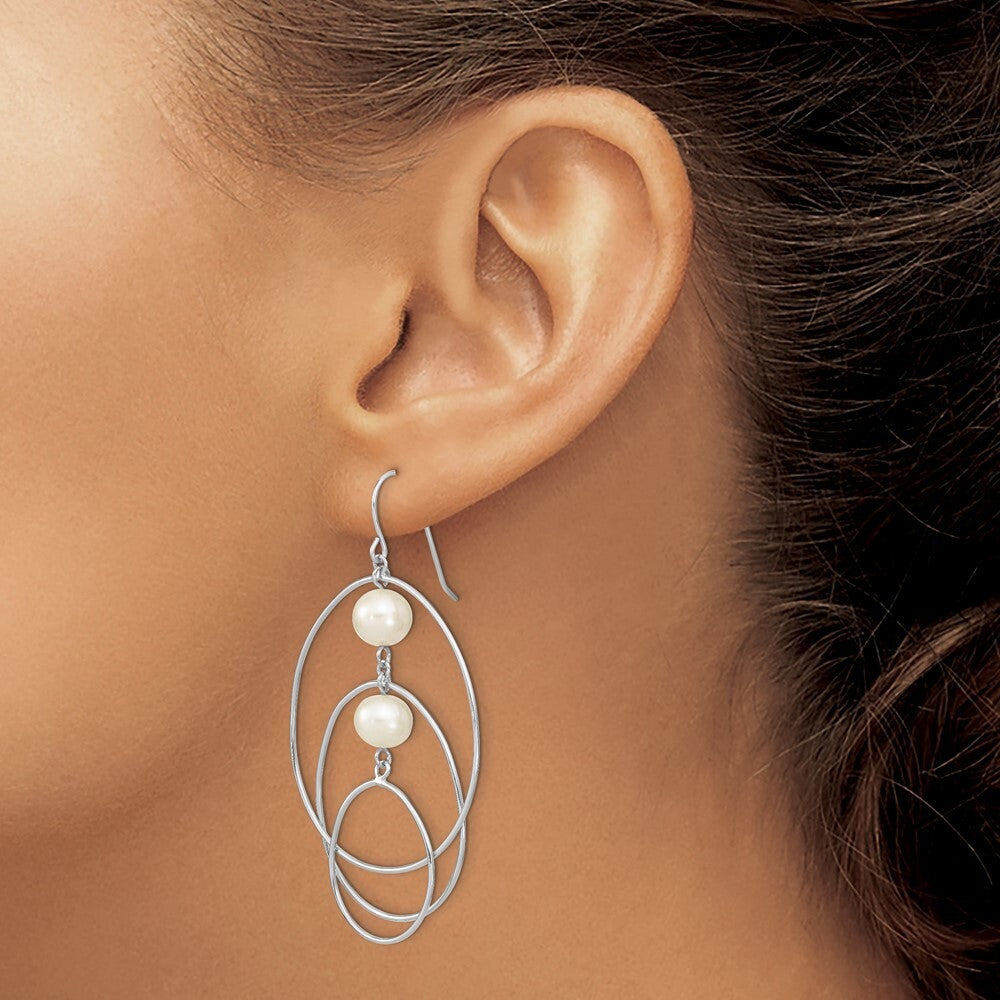Sterling Silver 8-9mm Semi-Round Cultured Pearl Circles Dangle Earrings