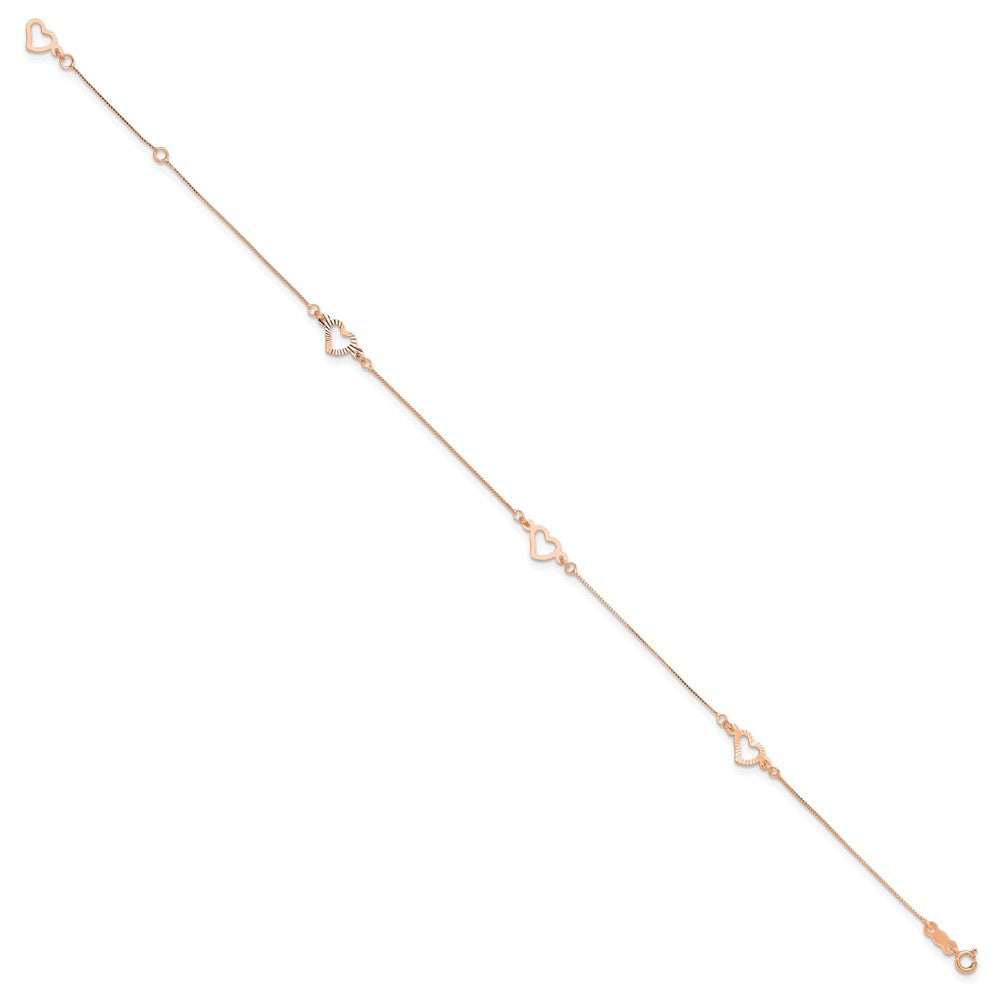 14K Rose Gold Fancy Open Hearts 3-Station 10" Anklet
