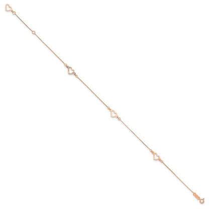 14K Rose Gold Fancy Open Hearts 3-Station 10" Anklet