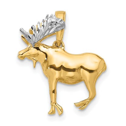 14k Yellow Gold and White Rhodium Diamond-Cut 3D Moose Pendant for Women