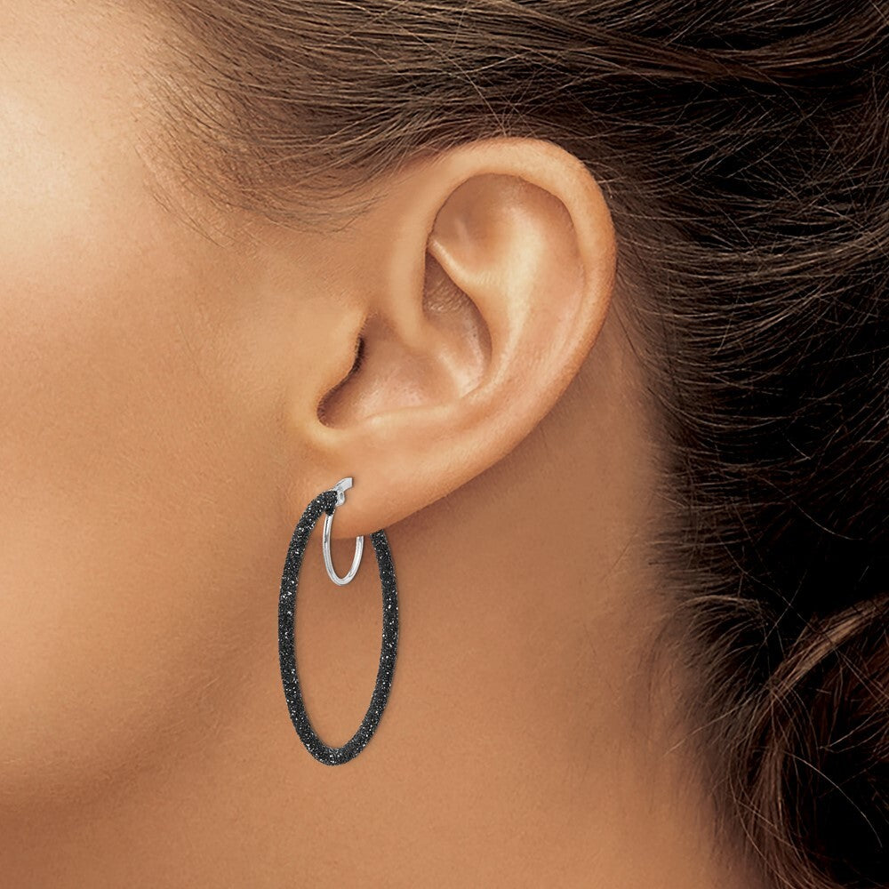 Sterling Silver Rhodium/Black Glitter Enamel 2x35mm Hoop Earrings