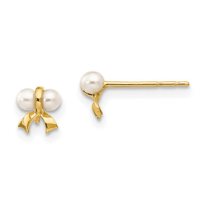 14k Yellow Gold White Button Freshwater Cultured Pearl Bow Stud Earrings