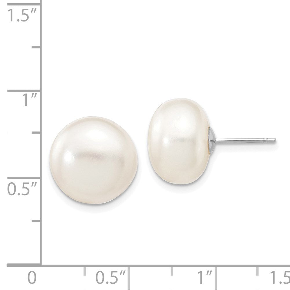 14k White Gold 12-13mm White Button Freshwater Cultured Pearl Stud Earrings