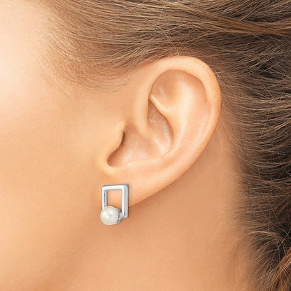 Sterling Silver 6-7mm Freshwater Cultured Pearl Square Earrings