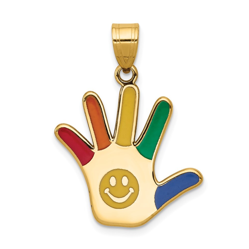 14k Yellow Gold Enameled Autism Smiley Face Handprint Pendant