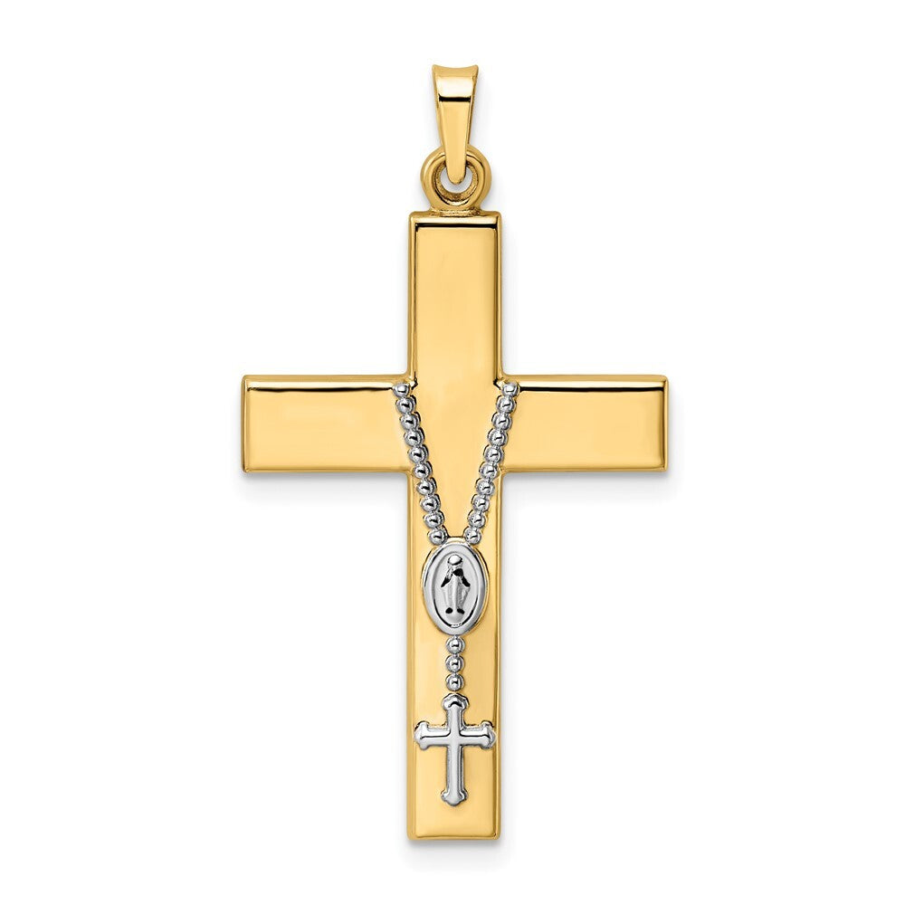 14k Two-tone Gold Polished Hollow Rosary Cross Pendant for Women