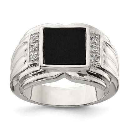 Sterling Silver Rhodium-plated Cubic Zirconia and Onyx Ring Size 10