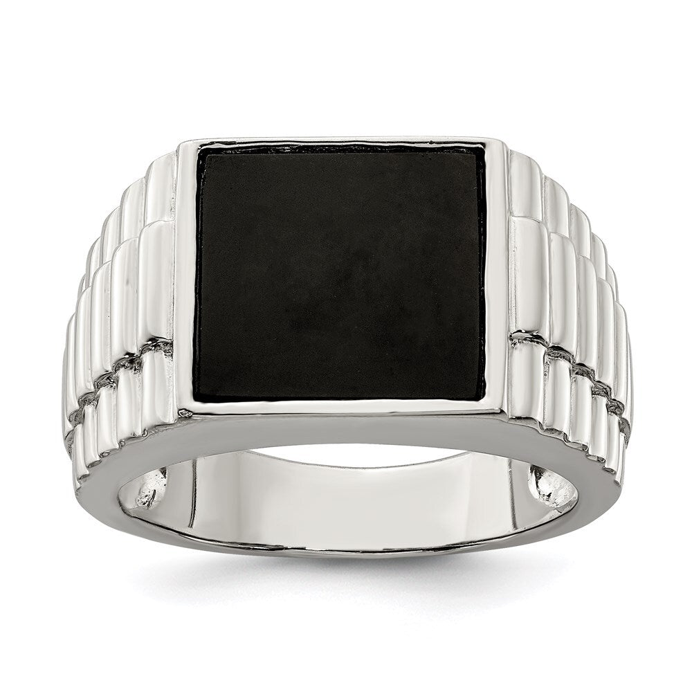 Sterling Silver Rhodium-plated Men's Onyx Ring Size 9