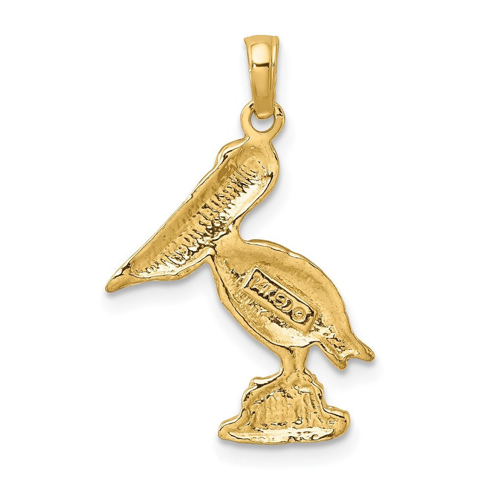 14k Yellow Gold with White Rhodium Standing Pelican Charm Pendant for Women