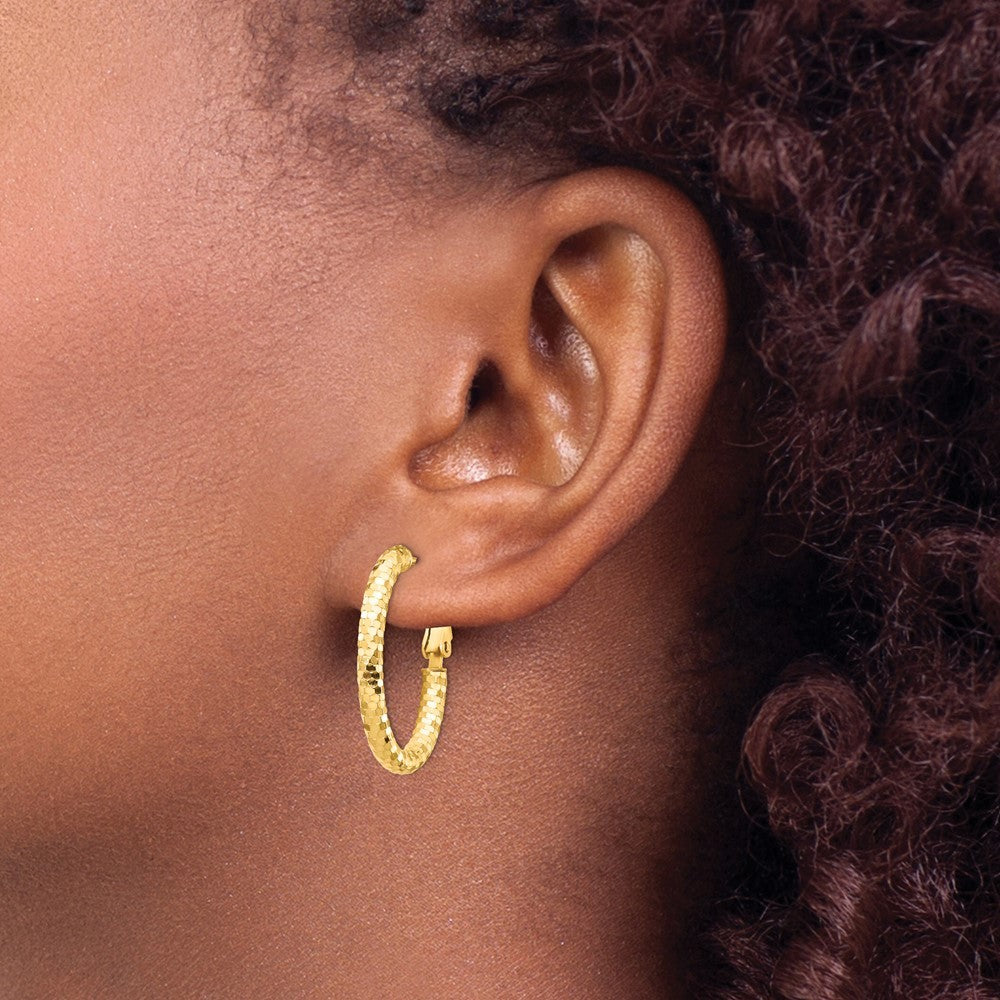 14k Yellow Gold 3mm Small Diamond-cut Oval Omega Back Hoop Earrings