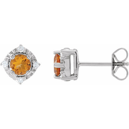 Sterling Silver Citrine and .08 CTW Diamond Halo-Style Stud Earrings